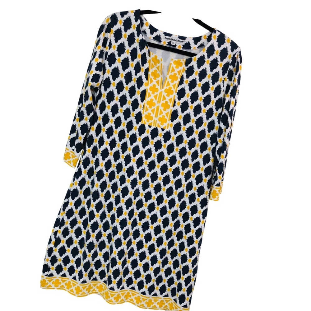 Barbara Gerwit Jersey Dress Womens XL Geometric Ikat Navy Yellow Coastal Preppy